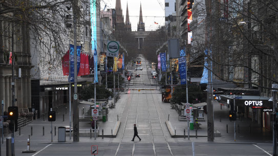 A near-empty Bourke Street during a Melbourne lockdown.