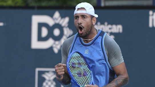Nick Kyrgios reacts against Mackenzie McDonald at the Miami Open.