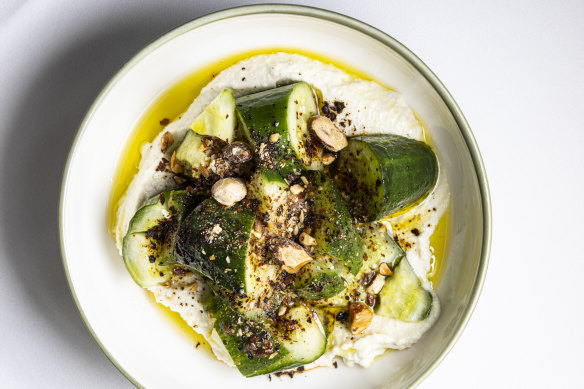 Cucumbers with smoked yoghurt, smoked almonds and ajo blanco.