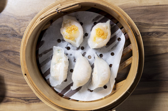 Scallop and prawn dumplings (top) and prawn and chive dumplings.