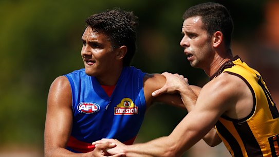 MELBOURNE, AUSTRALIA - FEBRUARY 24: Jamarra Ugle-Hagan of the Bulldogs competes during the VFL Practice Match between the Western Bulldogs and the Hawthorn Hawks at Whitten Oval on February 24, 2021 in Melbourne, Australia. (Photo by Daniel Pockett/AFL Photos/via Getty Images)