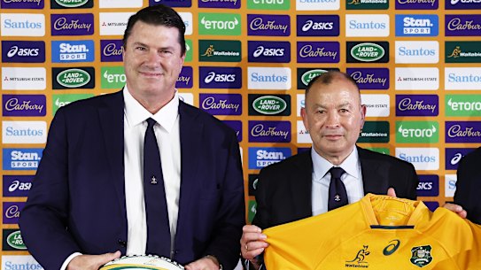 Hamish McLennan with Eddie Jones and former Rugby Australia chief executive Andy Marinos after Jones’ appointment in January.