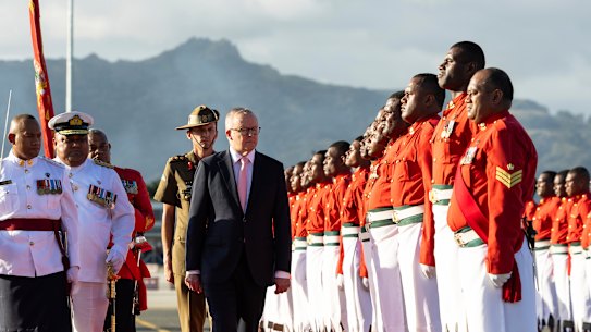 Prime Minister Anthony Albanese during a ceremonial welcome on his arrival in Nadi, Fiji.