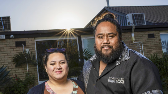 Niueloso Boland with his wife Lauina outside the church in Melton. 