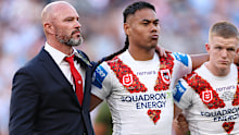 Dean Young, interim head coach of the Dragons with his team on Anzac Day.