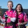 Fiona Dews (at left) and Rose Glassock at the Sydney International Regatta Centre in Penrith, NSW. After surviving breast cancer “the dragon boats brought us together”, says Dews.