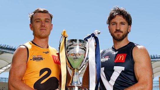 WA captain Patrick Cripps and his Victorian counterpart Marcus Bontempelli get in the mood for State of Origin.