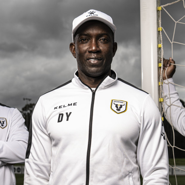 Dwight Yorke and his assistants at Macarthur FC, Russell Latapy (right) and James Meredith, are bucking a global trend against people of colour in key off-field sporting roles.
