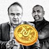 Former assistant tax commissioner Nick Petroulias, chicken kebab shop owner Hussein Faraj and the logo for their NuCoin.
