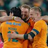 The Wallabies celebrate a remarkable victory at Ellis Park.