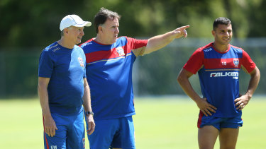 Team: Lawrie McKinna points the way at training with Jets coach Ernie Merrick.