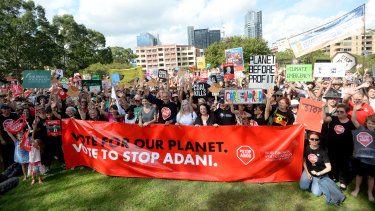 Anti-Adani protesters turned out to support the convoy at Parramatta Park as it makes its way to the Queensland coalmine.