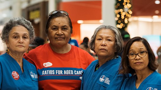 Nurses like Holly Rebeiro, Agaimalo Asalemo, Amy Alegria and Jocelyn Hofman are campaigning for aged care ratios. 