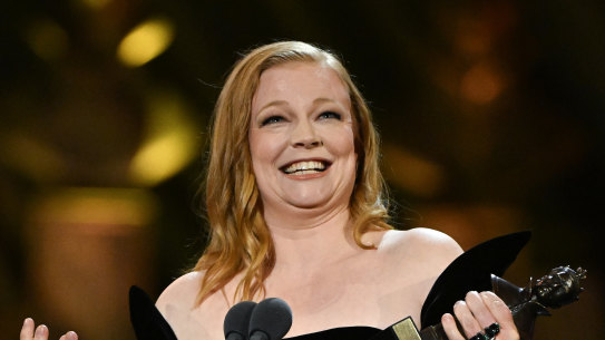 Sarah Snook with the Best Actress award on stage during The Olivier Awards 2024 at The Royal Albert Hall  in London.