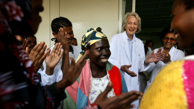 Dr Catherine Hamlin with staff and cured fistula patients on the eve of the women returning home.