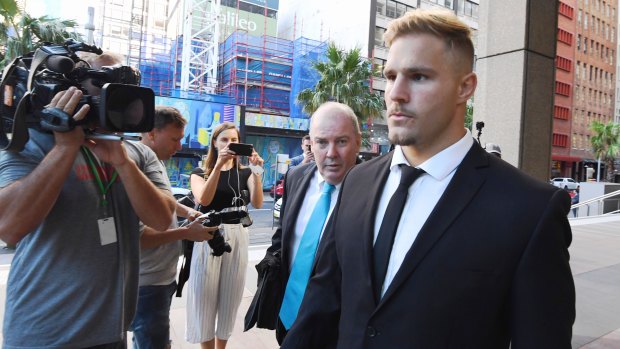 Challenge: Jack de Belin leaves the Federal Court during his challenge to the NRL's new policy on player behaviour.