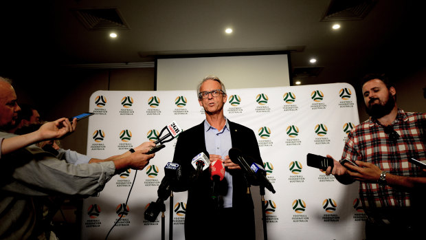 Explaining a mess: David Gallop addresses the media in Sydney after meeting Matildas players to discuss Alen Stajcic's sudden sacking.
