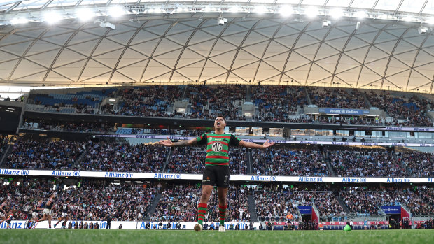 Latrell Mitchell celebrates the Rabbitohs’ win over the Roosters in last year’s finals at Allianz Stadium.
