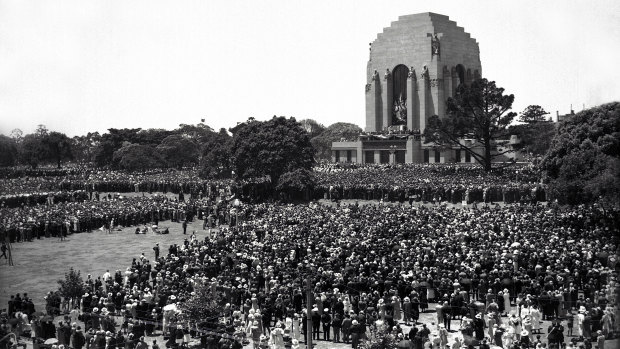 Crowds gather for the opening of the Anzac Memorial in Hyde Park on November 24, 1934.