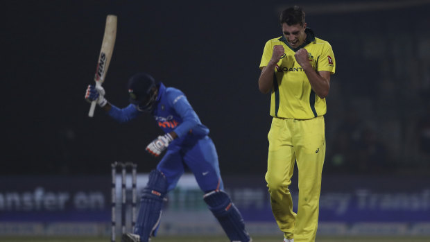 Pat Cummins celebrates taking the wicket of India's Kedar Jadhav in the final ODI.