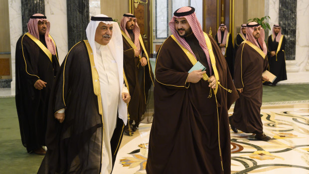 Prince Khaled bin Salman, right, the brother of Crown Prince Mohammed bin Salman and Saudi Ambassador to the United States, and Ibrahim al-Assaf, the new Saudi foreign minister, are pictured at the Royal Court in Riyadh on January 14.