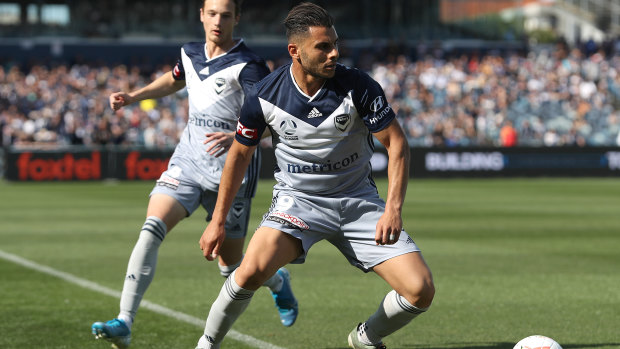 On target: Victory's Andrew Nabbout fired home to give the visitors an early lead.