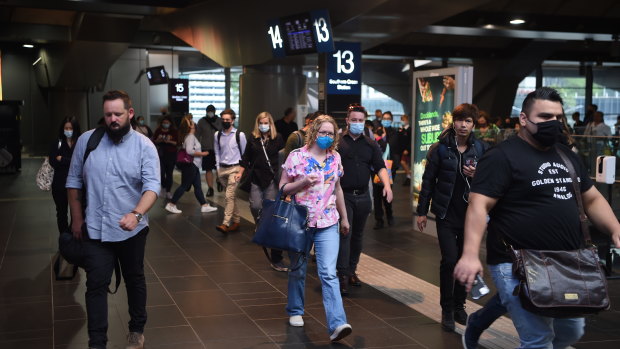 Peak hour commuters at Southern Cross Station as office workers return to the CBD. With the government having ditched its remote working recommendation, some workers will return to their city offices for the first time in almost two years.