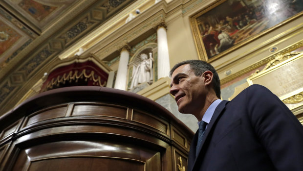 Spanish Prime Minister Pedro Sanchez arrives in Parliament in Madrid for the vote.