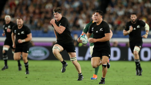 Counter-attack: Anton Lienert-Brown lines up Scott Barrett before putting the lock over for the All Blacks' second try in several minutes.