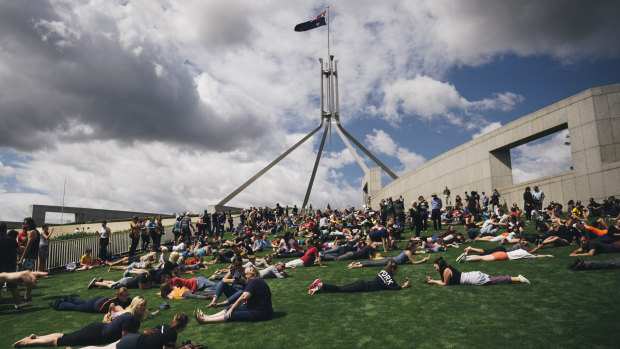 Hundreds roll down the slope of the Parliament House lawns for the last time in December 2016.