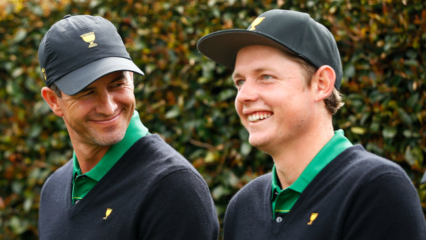 Australia's Cameron Smith  and Adam Scott share a laugh on Wednesday.
