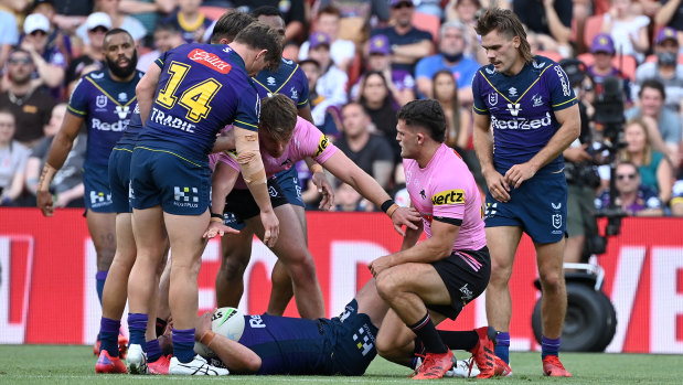 Nathan Cleary is free to play in the grand final after this tackle on Kenny Bromwich went slightly wrong.