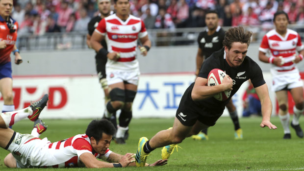 Heir apparent: George Bridge scores on debut for the All Blacks.