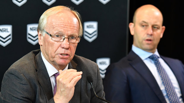 Head table: ARL Commission chairman Peter Beattie with NRL CEO Todd Greenberg. Both organisations have been rocked by a public backlash against Jack de Belin being allowed to play.