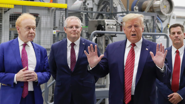 President of the United States Donald Trump, businessman Anthony Pratt and Prime Minister Scott Morrison during the official opening of the Pratt Industries Wapakoneta recycling and paper plant in Wapakoneta, Ohio.