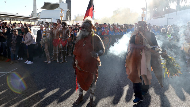 Indigenous elders prepare to start the ‘Long Walk’ from the WACA to Optus Stadium.