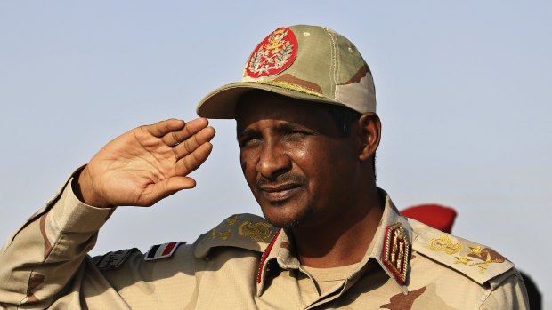 General Mohammed Hamdan Dagalo, the deputy head of the Sudanese military council, salutes during a rally in Galawee, northern Sudan.