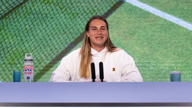 Aryna Sabalenka speaks to the media in a pre-tournament press conference on Saturday.