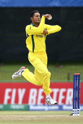 Tanveer Sangha of Australia bowls during the ICC U19 Cricket World Super League Cup Quarter Final 1 match between India and Australia at JB Marks Oval on January 28, 2020 .