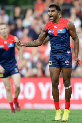 Kysaiah Pickett of the Demons celebrates a goal. 