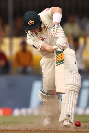 Steve Smith attempts to drive the ball on day one of the third Test in Indore.