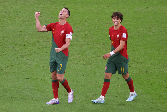 Cristiano Ronaldo celebrates the goal later given to teammate Bruno Fernandes.