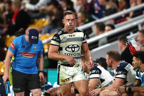 Cowboy Reuben Cotter was not happy after being sin-binned in the clash with the Roosters at Suncorp Stadium. 