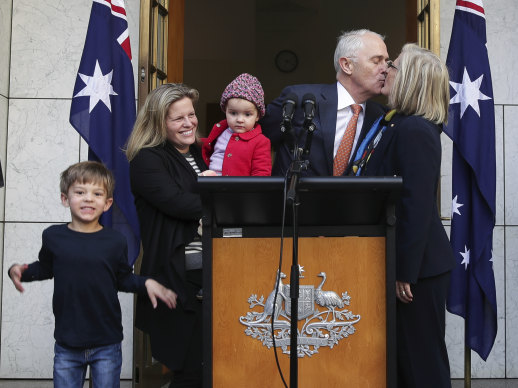 Former prime minister Malcolm Turnbull with wife Lucy, daughter Daisy, and grandchildren Jack and Alice, after the party room meeting which ousted him in 2018.