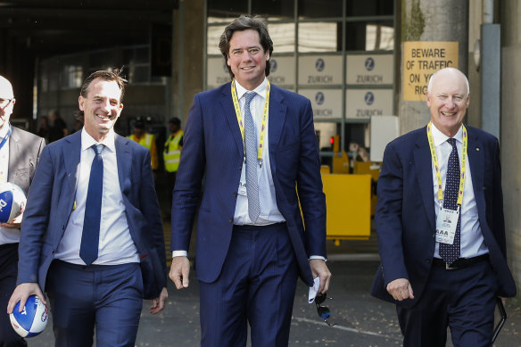 Incoming AFL chief executive Andrew Dillon, outgoing chief Gillon McLachlan and AFL chairman Richard Goyder arrive ahead of the 2023 AFL grand final.