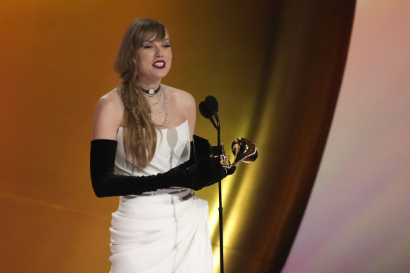 Taylor Swift accepts the award for best pop vocal album for Midnights, taking the opportunity to announce her new album.
