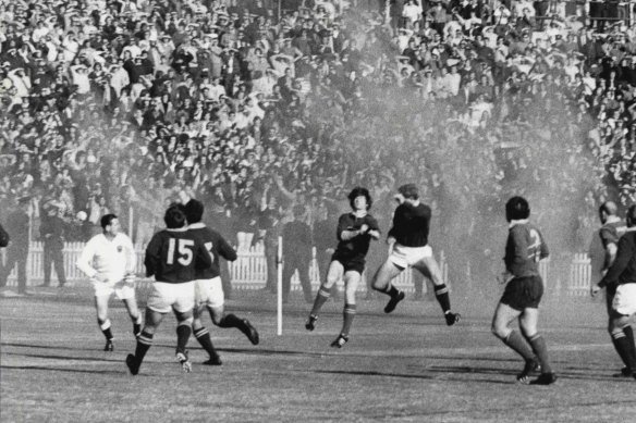 A smoke bomb haze lingers at the Sydney Cricket Ground on July 6, 1971.