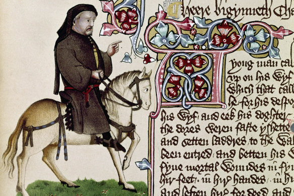 Geoffrey Chaucer as seen in the early 15th-century Ellesmere Manuscript of The Canterbury Tales.