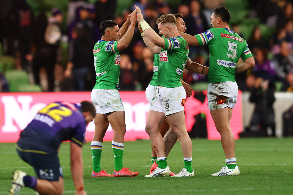 Canberra celebrate their shock week-one finals win at AAMI Park.