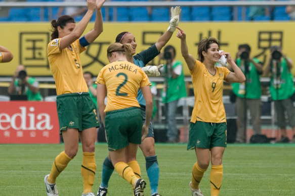 Sarah Walsh celebrates after scoring a goal against Ghana in 2007.
